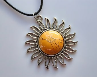 Summer Sunshine Pendant Necklace with Yellow Cabochon with Gold Drizzle on Black Cord