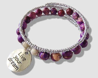 Purple Rainflower Beaded Bracelet.  Live your Dream! Purple Rainflower Beads and White Howlite Beads Memory Wire Bangle Bracelet