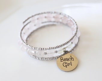 Beaded Bangle Bracelet - Beach Girl! Rose Quartz and Matte Opalite Memory Wire Bangle Bracelet with Stainless Steel  Charm