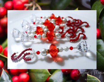 Beaded Christmas Icicle Ornaments - Diamond Dangles with Red Faceted Rondelles and Pearls on Beaded Spiral Hangers  - Package of 7