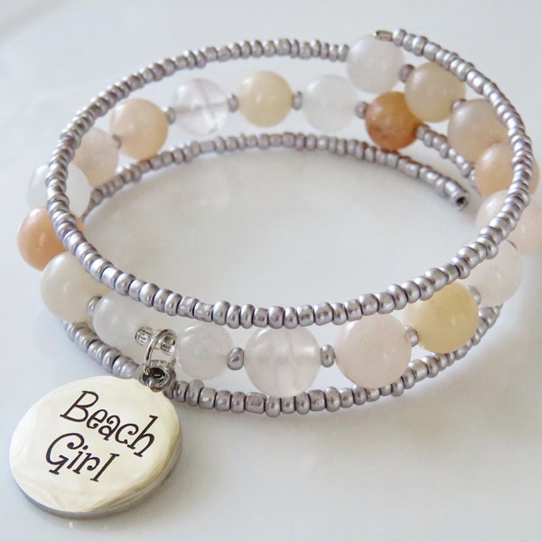 Beaded Bangle Bracelet - Beach Girl! Pretty Pink Aventurine  Beads Memory Wire Bangle Bracelet with Stainless Steel Inspirational Charm