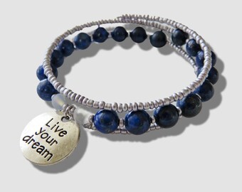 Lapis Lazuli Bracelet. Live your Dream! Lapis Lazuli & Matte Opalite Beads Memory Wire Bangle Bracelet with Inspirational Charm