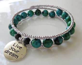 Live Your Dream Beaded Bangle Bracelet - Turquoise Green Chrysocolla Beads and Matte Black Onyx Accents