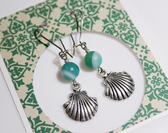 Beachy Shell Earrings with Matte Green Banded Agate Beads and Shell Charm