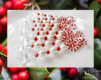 Beaded Christmas Ornaments - Candy Cane Diamond Dangles with Pearls and Red Glass Faceted Beads on Beaded Spiral Ornament Hooks (Pkg of 9)