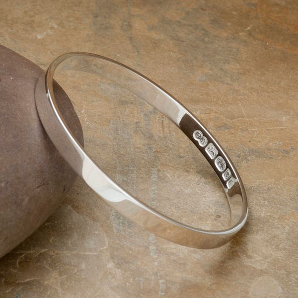 Zennor Solid Silver Bangle, Handmade Sterling Silver Bracelet - London Hallmarked. 6mm Wide