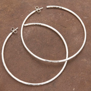 Silver Earrings Large Round Hoops Hammered and handmade 6cm Large, Solid Silver Sterling 925
