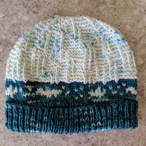 May include: A knitted beanie hat in teal, blue, and white. The hat has a ribbed brim, a patterned mid-section, and a speckled top. The colour scheme is a mix of cool tones, creating a textured and cosy appearance. The hat is suitable for cold weather.