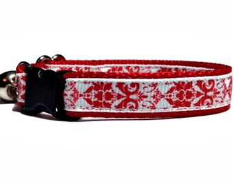 Red Cat Collar with bell, Damask Dog Collar, Kitten Collar Breakaway Girl, Ragdoll Cat Gifts, Dog Gifts for Dogs, Toy Poodle Collar, Yorkie