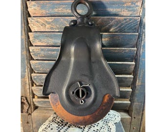 Antique Cast Iron and Wood Pulley Industrial Farmhouse Decor Rustic Barn Tool