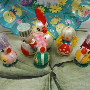 6 Vintage 50's Miniature Easter Decorations made in Japan: Spun Cotton & Spun Satin