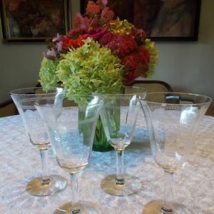 Vintage Etched Faceted Crystal Stemware Tall Wine Glass/Water Goblet Set of 4 Entertaining Weddings Party