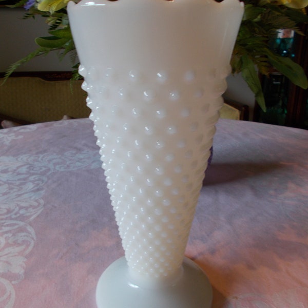 Vintage Hobnail White Milk Glass Trumpet Footed Vase Tall Floral-Weddings-Centerpiece-Farmhouse-Cottage Chic Mid Century