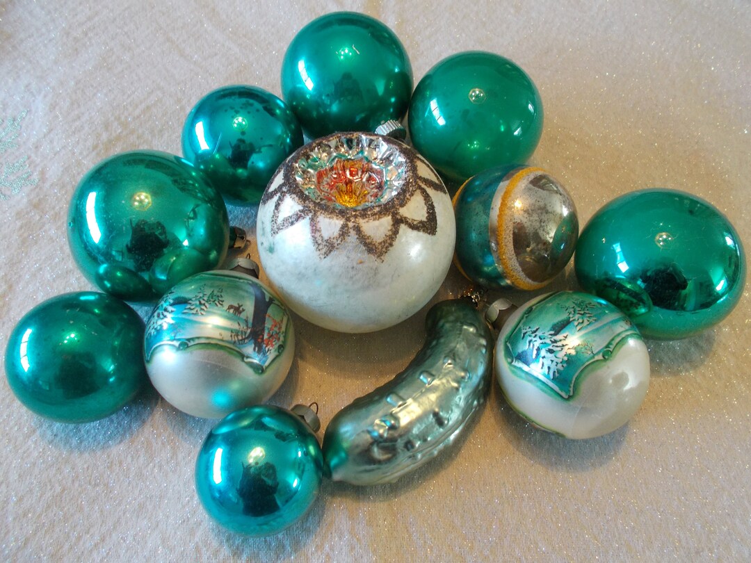 Vintage Glass Christmas Ornament Assortment of 12 Aqua/turquoise Extra