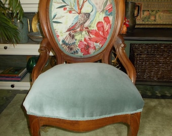 Vintage Eastlake Wood Frame Chair Print and Velvet Fabric Custom Upholstery One of a Kind