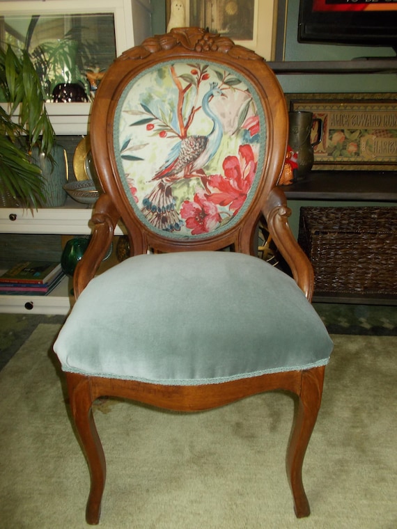 Vintage Eastlake Wood Frame Chair Print and Velvet Fabric Custom Upholstery One of a Kind