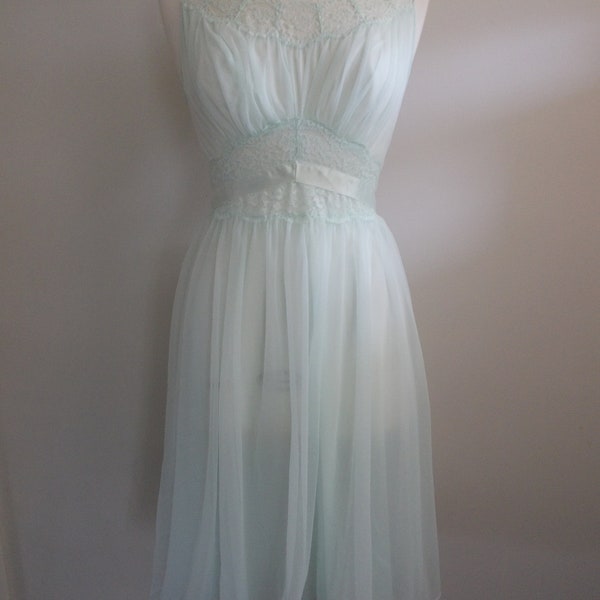 Vintage 50's-60's Sheer Negligee- Baby Doll Nightie-Nightgown Pale Green Chiffon with Lace Trim and Satin Ribbon