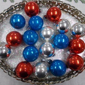 Vintage Glass Christmas Ornaments Boxed Set of 18 Silver Red and Blue Made in USA