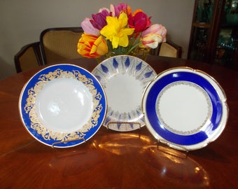 Vintage Edelstein Bavarian Plates Johann Lettmann- Bareuther- Waldassen 3 Assorted Kobalt Blau und Gold 19 cm Durchmesser