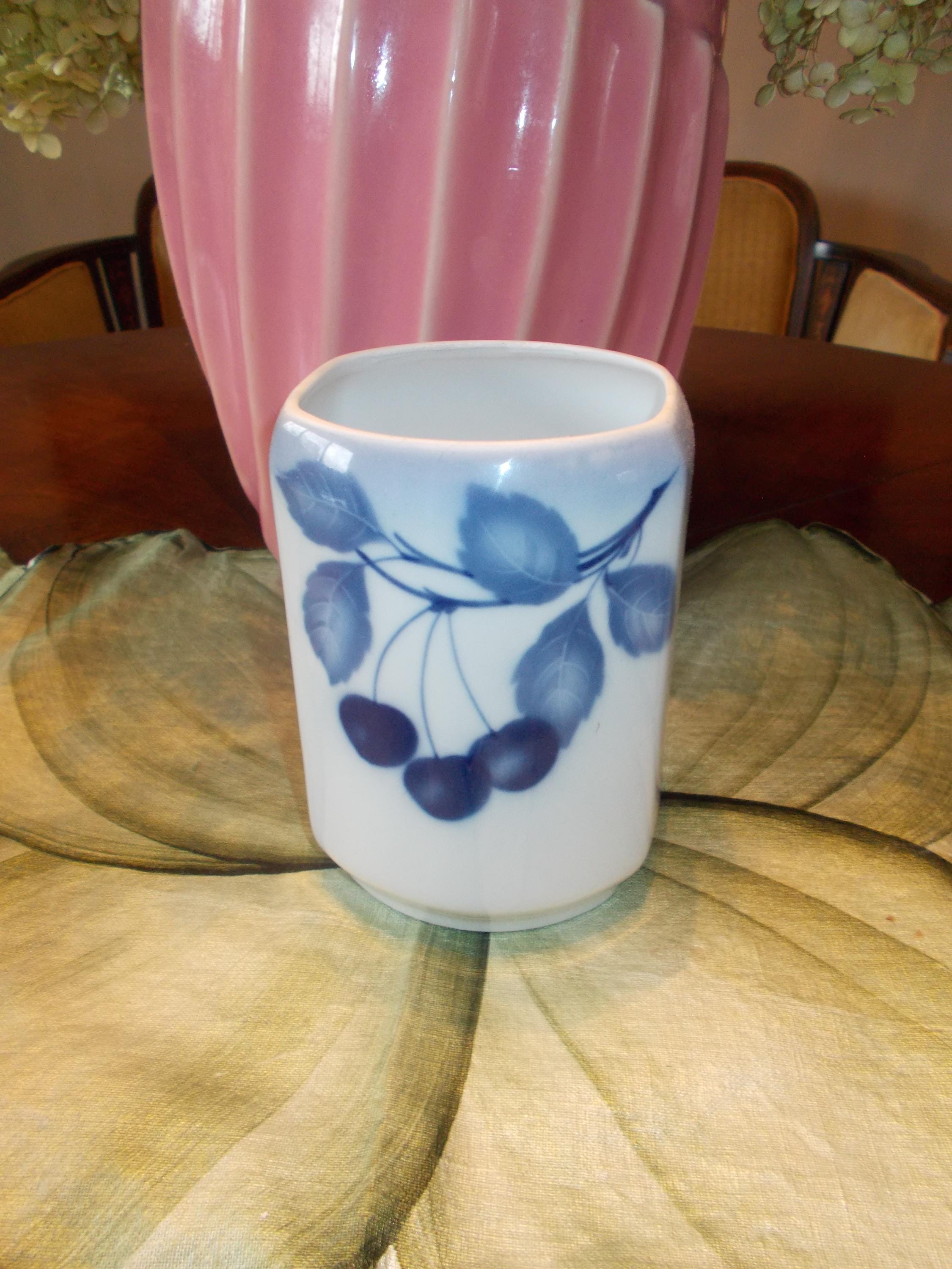 Vintage Czech Delft Pottery Vase Cherry Design Marked and Numbered: Krautz-Berger Teplitz Czechoslovakia
