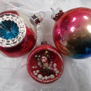 Vintage Mercury Glass Christmas Ornaments Japan Diorama-Shiny Brite Double Indent & Shiny Brite Ombre Set of 3 Assorted