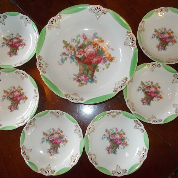 Vintage Germany Berry Bowl Set 7pc: Large Bowl & 6 Small Bowls Fine Bone China with Floral Pattern