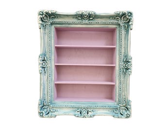 Vintage Ornate Wall Shelf: Distressed Blue Spice Rack Display (20x24)