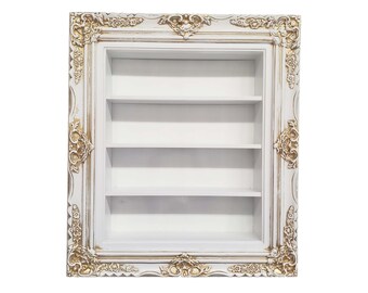 Ornate Display Shelf: White & Gold Patina, Essential Oil Rack (20x24)