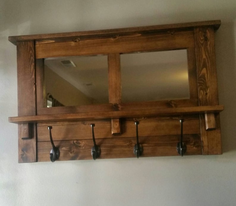 Rustic Mirrored Coat Rack, Entryway Shelf with Hooks image 4
