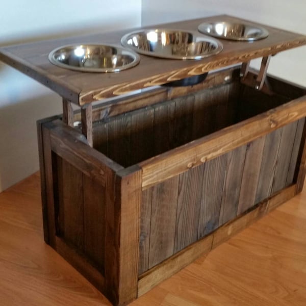 Small Raised Dog Feeder with Storage, Three Bowl Elevated Pet Feeder