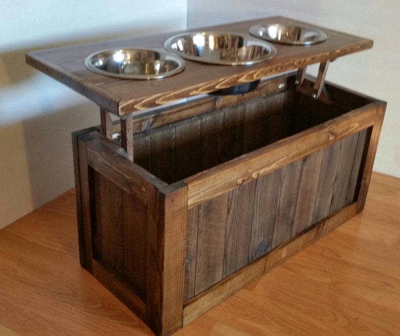 Small Raised Dog Feeder With Storage 3 Bowl Dog Feeder Pet Etsy