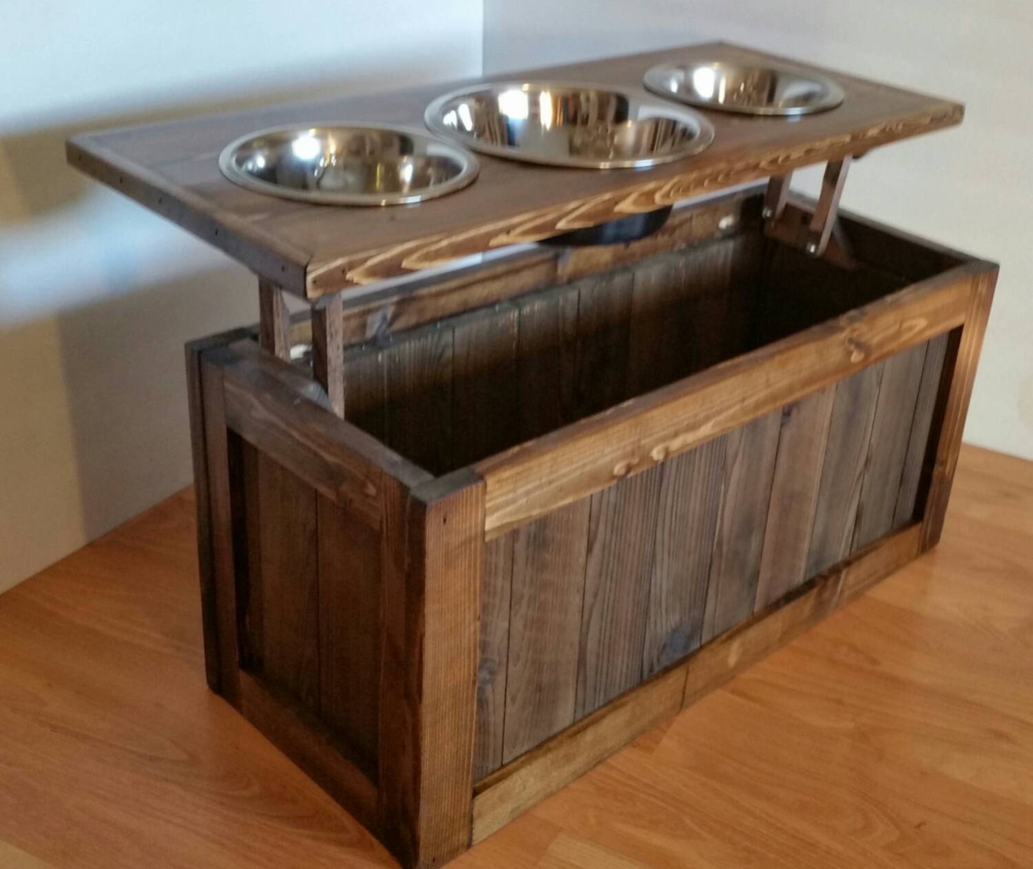 Reclaimed pallet raised dog bowl stand pet feeding station 3 Bowls