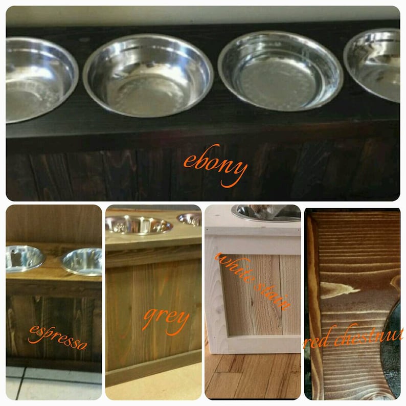 May include: Four different styles of dog food bowls with stands. The stands are made of wood and come in the colours ebony, grey, white stain, and red chestnut. The bowls are stainless steel.