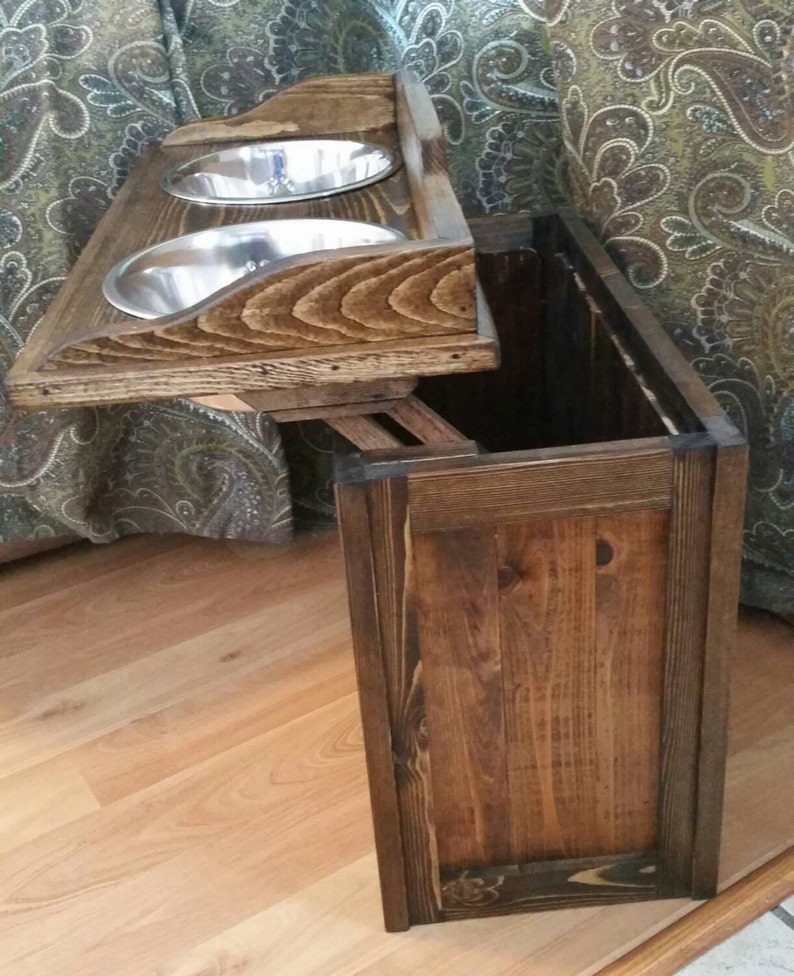 Raised Rustic Dog Feeder With Storage Elevated Dog Feeder Etsy