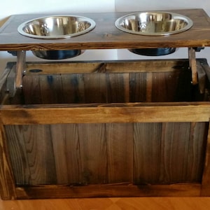 Elevated dog feeder with storage, rustic dog feeder, 2 bowl dog bowl stand, raised dog bowl stand