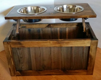 Elevated dog feeder with storage, rustic dog feeder, 2 bowl dog bowl stand, raised dog bowl stand