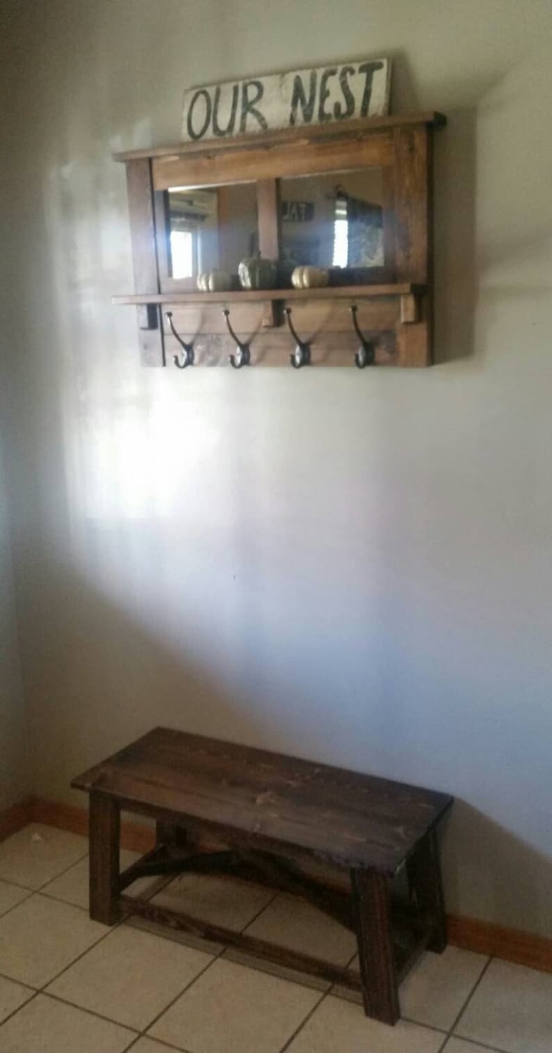 Rustic Mirrored Coat Rack, Entryway Shelf with Hooks image 2