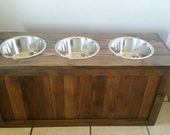 Raised dog feeder with storage, 3 bowl dog feeder, pet feeder, western feeder, elevated feeder, three bowl, dog feeder, large dogs