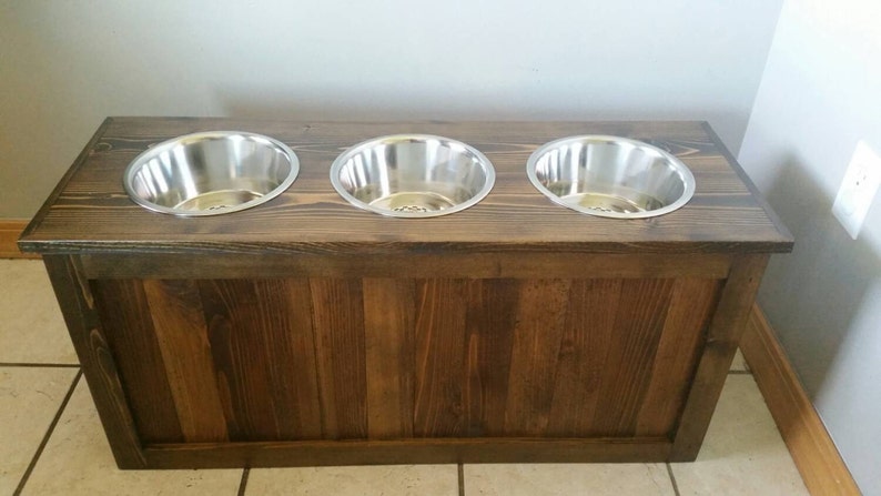 Raised dog feeder with storage, 3 bowl dog feeder, pet feeder, western feeder, elevated feeder, three bowl, dog feeder, large dogs image 1