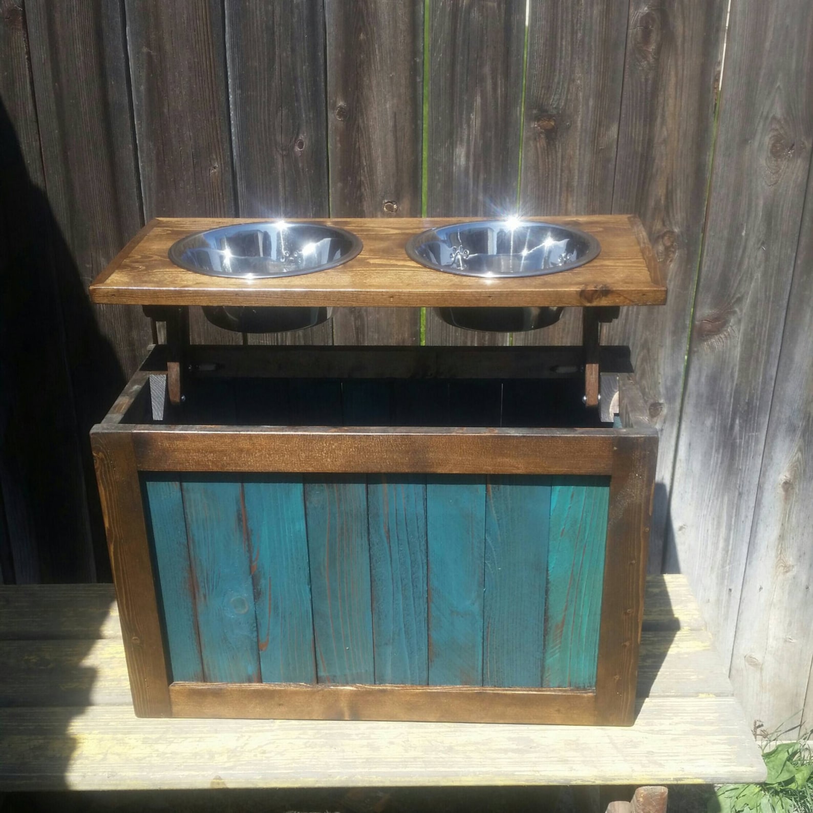 Raised Dog Feeder With Storage Elevated Feeder Distressed Etsy