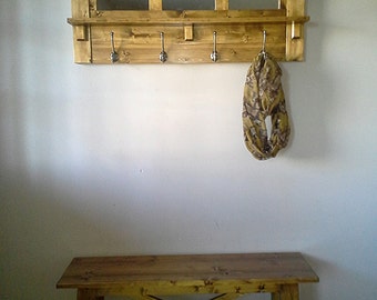 Rustic Pine Entryway Set, Coat Rack with Mirror & Bench