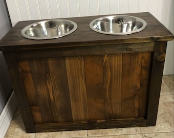 Dog feeder with storage, elevated feeder, dog feeder, pet feeder, reclaimed feeder, pet bowls, dog bowls, western dog feeder