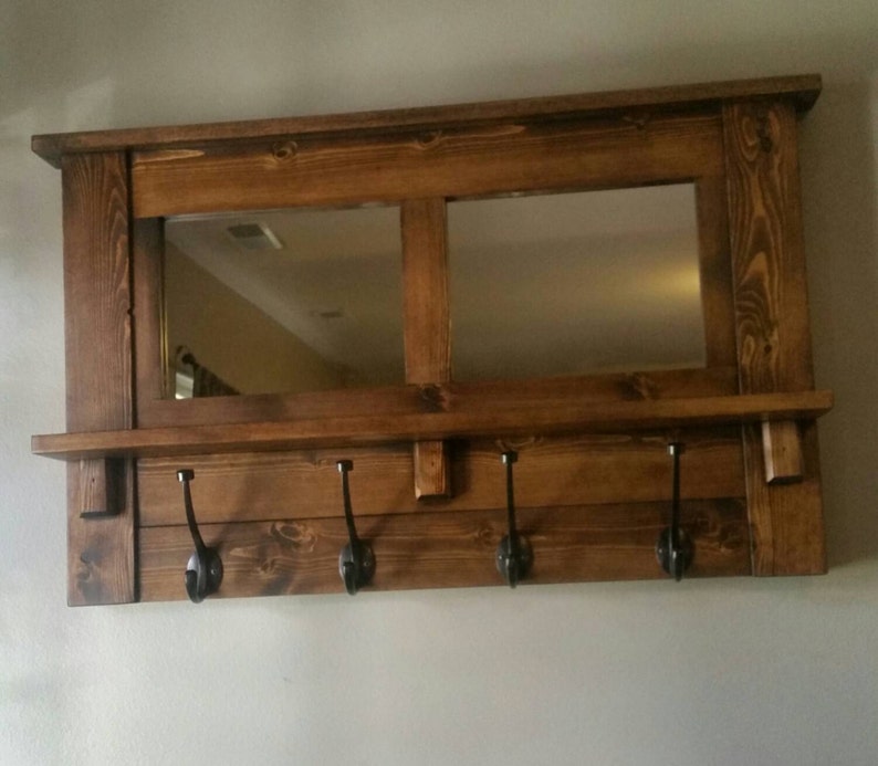 Rustic Mirrored Coat Rack, Entryway Shelf with Hooks image 3