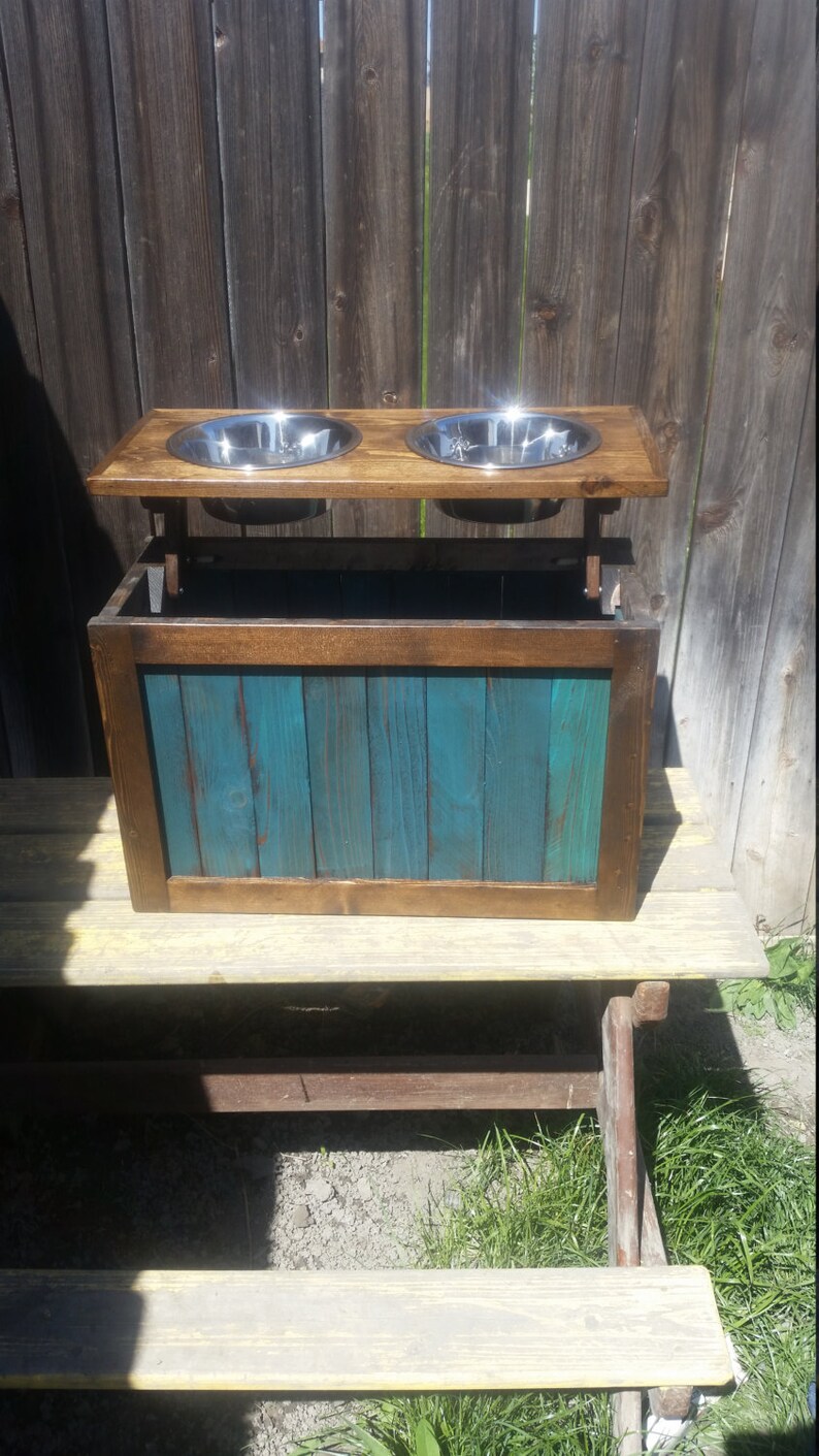 Dog feeder with storage dog feeder elevated feeder dog bowls pet bowls reclaimed feeder western dog feeder pet feeder