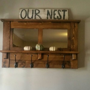 Rustic Mirrored Coat Rack, Entryway Shelf with Hooks image 1