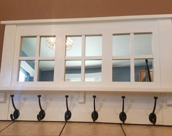 County style coat rack, mirrored coat rack, Rustic coat rack, Entry way coat rack, wooden coat rack, coat rack with window grades, white