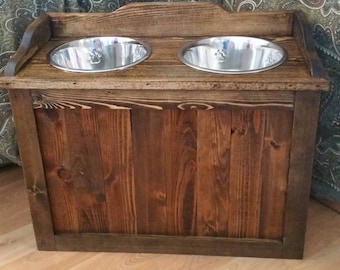 Raised rustic dog feeder with storage,  elevated dog feeder, rustic dog feeder, western dog feeder, pet feeder