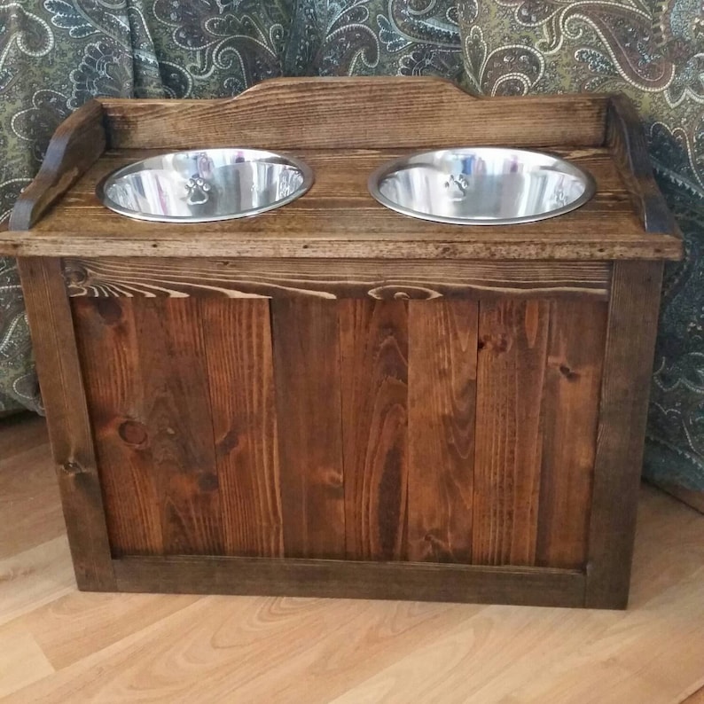 Raised Rustic Dog Feeder With Storage Elevated Dog Feeder Etsy