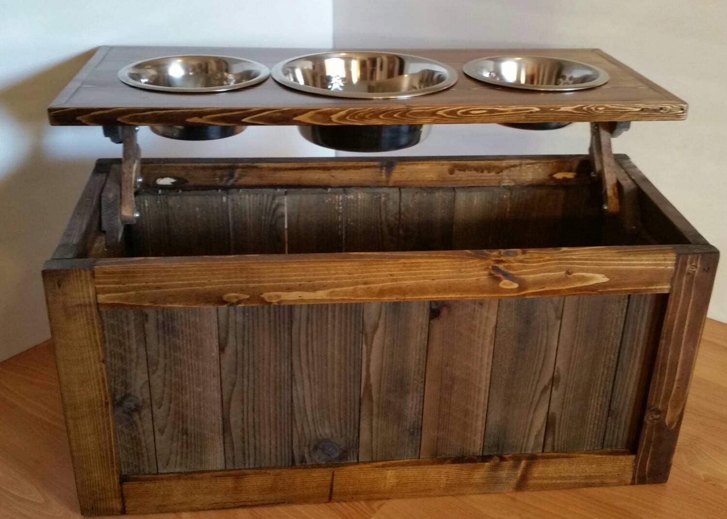 Small Raised Dog Feeder With Storage 3 Bowl Dog Feeder Pet Etsy