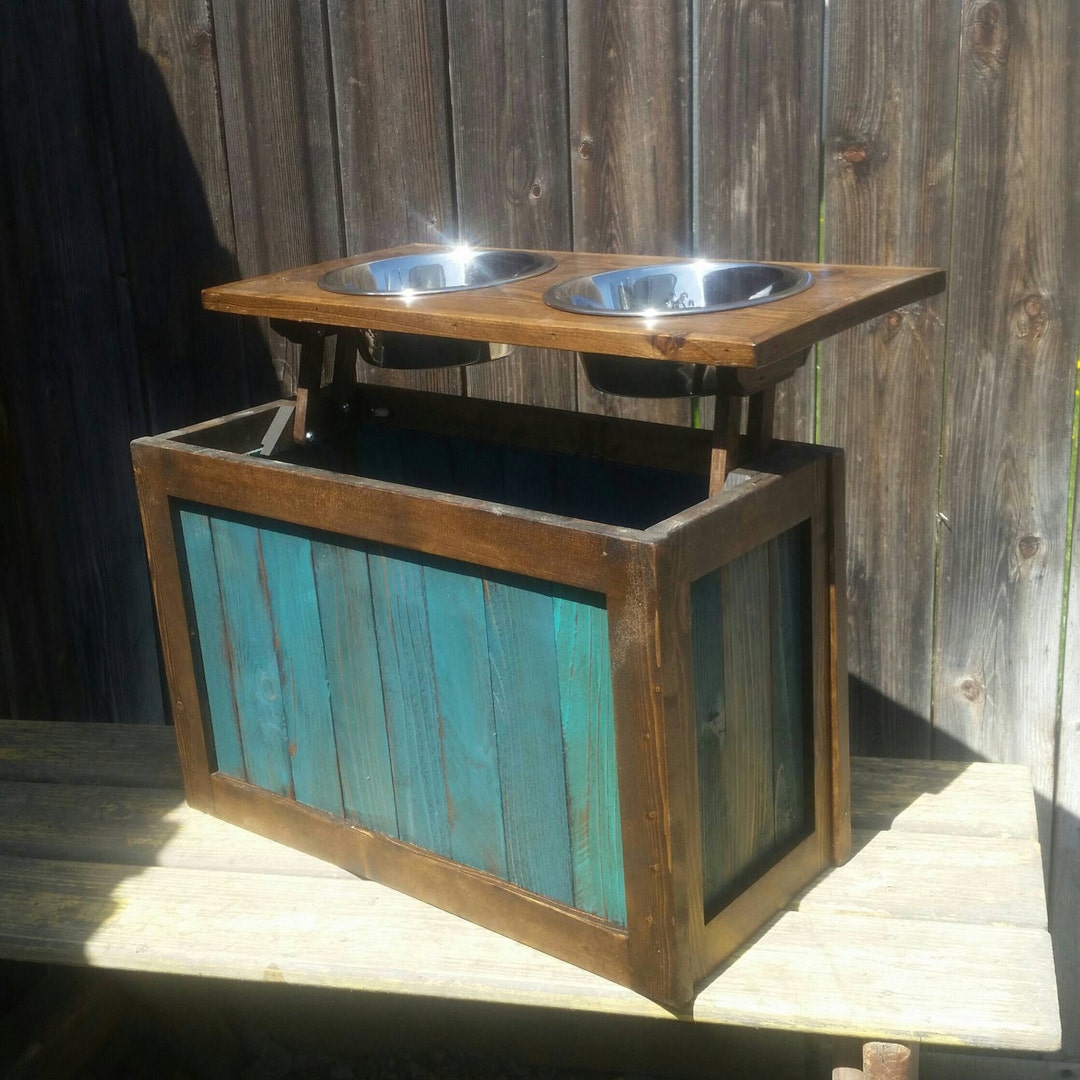 Raised Dog Feeder With Storage, Elevated Feeder, Distressed Pet Feeder
